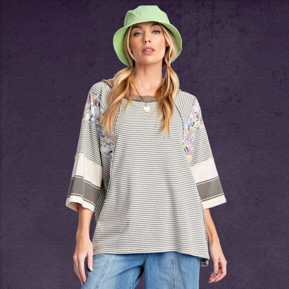 EASEL “Great Vibes” Mixed Print Relaxed & Stretchy Fit Top Defined Seams Details - Picture 10 of 16